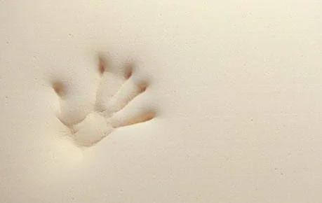 Close-up van een matras of traagschuim oppervlak met een handafdruk die langzaam vervaagt, wat de drukverlagende en vormaanpassende eigenschappen van het materiaal laat zien.