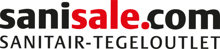 Logo van Sanisale.com, met de merknaam in zwarte en rode letters en de slogan 'SANITAIR-TEGELOUTLET' in hoofdletters eronder.