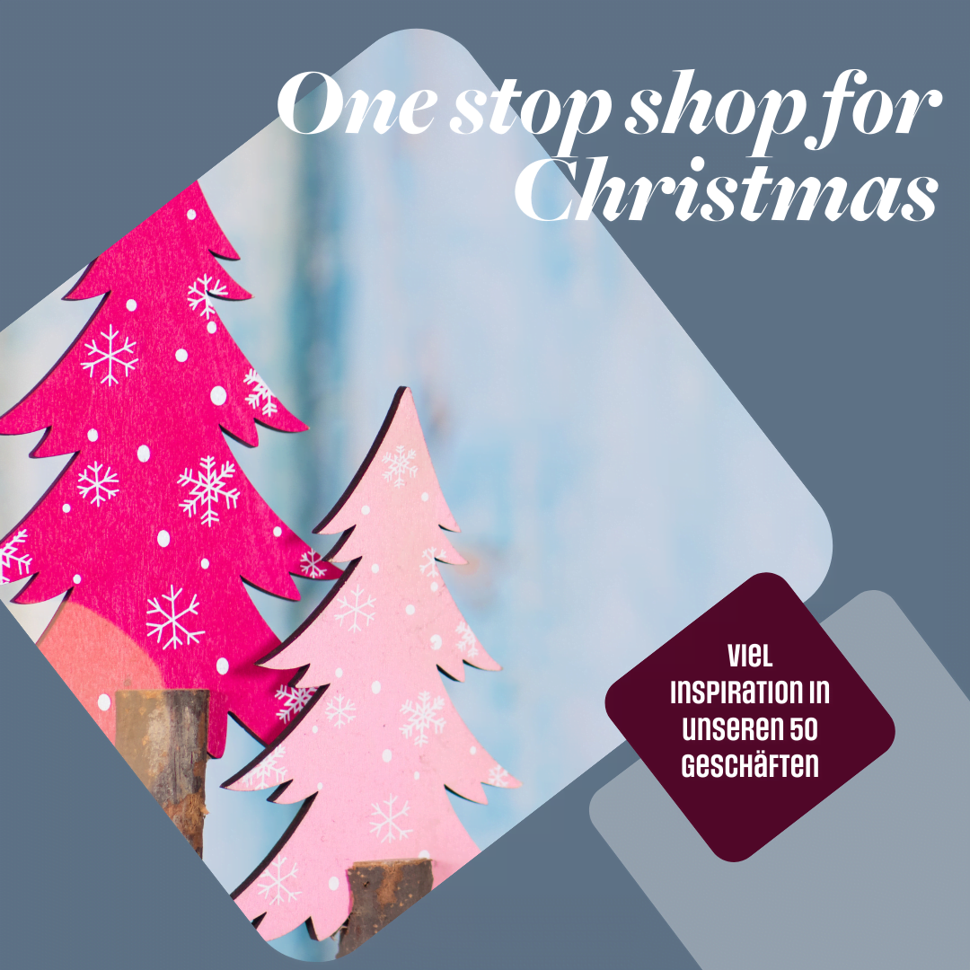 Visual met twee roze kerstbomen. Tekst: One stop for Christmas - genoeg inspiratie in onze 50 winkels