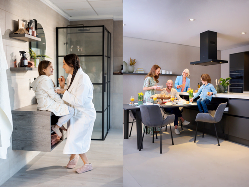 Familie in de keuken en badkamer