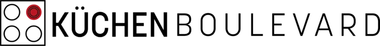 Logo van Küchen Boulevard, met de merknaam in strakke zwarte letters. Links van de tekst staat een minimalistisch icoon van een kookplaat met vier kookzones, waarvan één rood is gemarkeerd.