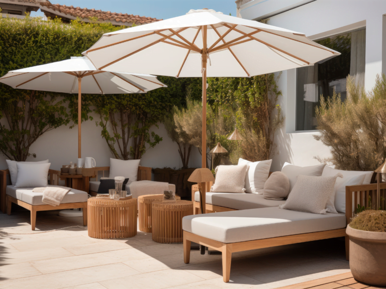 Zomerse zitmeubels - Loungeset met parasols in de tuin