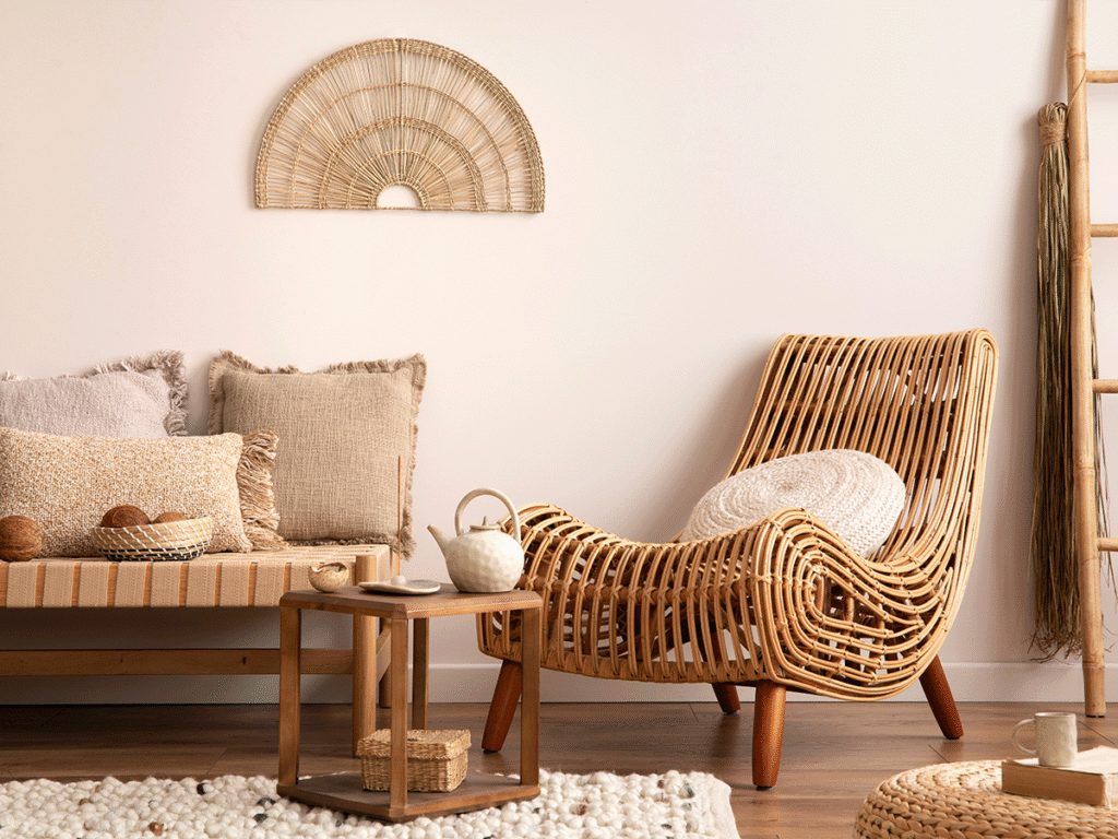 Boho-stijl interieur met een rotan loungestoel, houten bankje en natuurlijke wanddecoratie in beige tinten.
