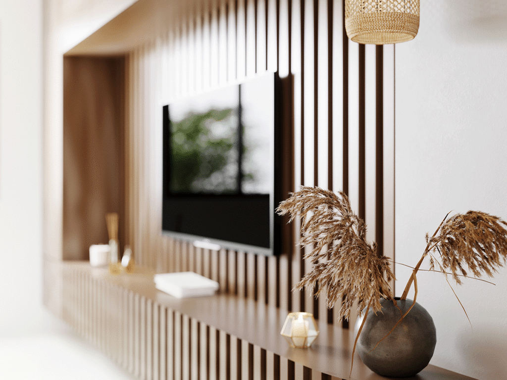 Een close-up van een stijlvol houten wandpaneel met luxe een Frame TV