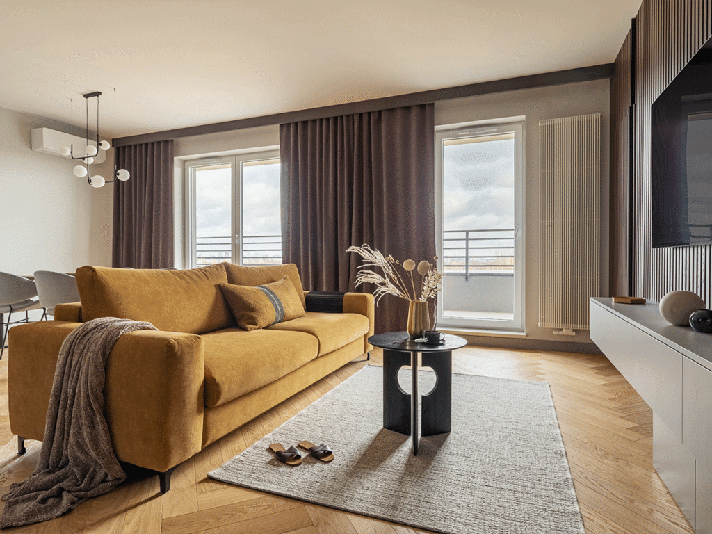 Een zonnige woonkamer waar de gordijnen half open staan