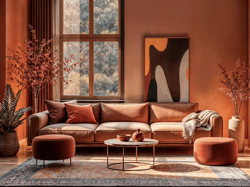 Een design woonkamer volledig ingericht in warme terracotta- en roesttinten. Centraal staat een lange, bruine lederen bank met roestbruine kussens, geflankeerd door twee ronde poefs en een ronde salontafel op een gedessineerd vloerkleed. Aan de terracotta muur hangt een groot abstract schilderij met organische vormen en links valt warm zonlicht door een hoog raam.