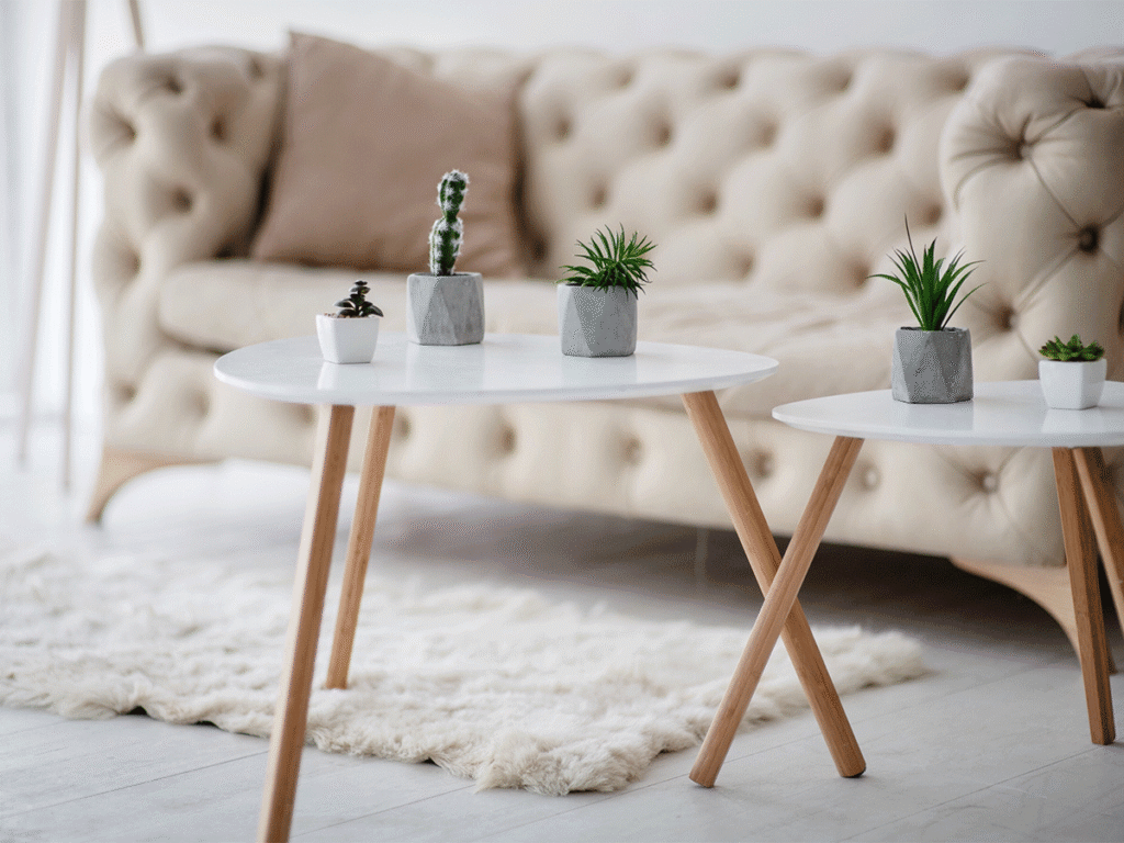 Close-up van twee witte, driehoekige salontafels met houten poten waarop kleine vetplantjes en cactussen in grijze geometrische potjes staan. De tafels staan op een zacht, wit hoogpolig vloerkleed. Op de achtergrond is een gecapitonneerde beige Chesterfield-bank sfeervol buiten focus (wazig) te zien.