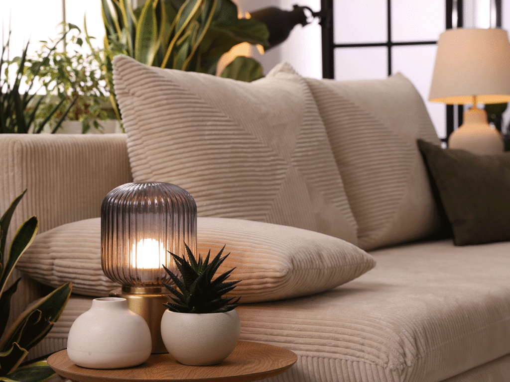Sfeervolle close-up van een warme zithoek met een beige corduroy (ribstof) bank en bijpassende kussens. Op een rond houten bijzetafeltje brandt een tafellamp met een geribbelde glazen kap en een messing voet, geflankeerd door een wit vaasje en een klein vetplantje. De achtergrond toont subtiele sfeerverlichting en groene planten.