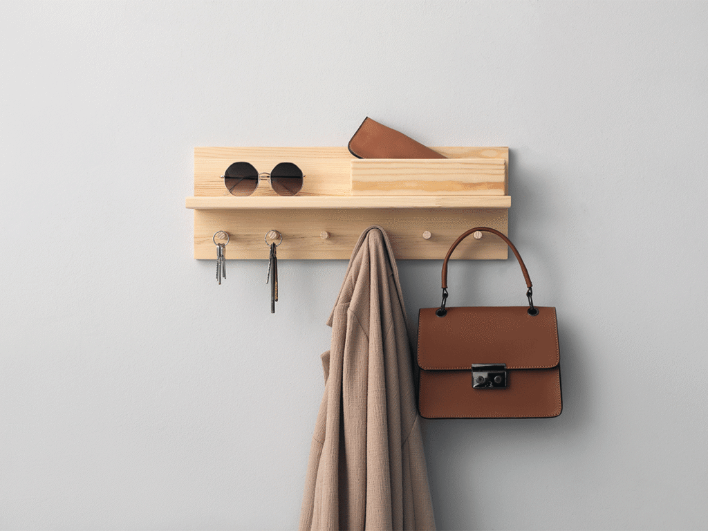 een houten kapstok waar een tas en een mooie sjaal aan hangen