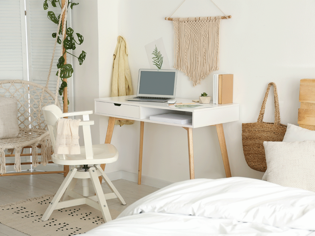 Lichte werkplek in boho-stijl met een wit bureau op houten pootjes en een bijpassende witte bureaustoel. Op het bureau staat een geopende laptop. De kamer is gedecoreerd met een macramé wandkleed, een hangstoel en groene kamerplanten.