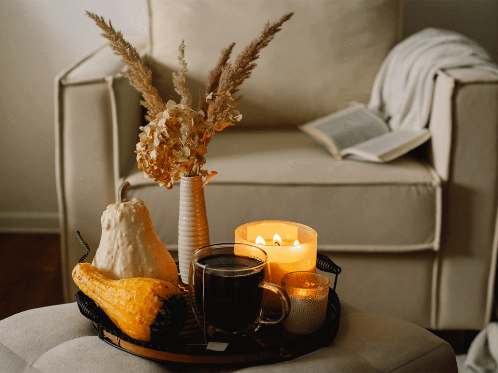 Rustieke leeshoek met een warme kop thee, brandende kaars, droogbloemen en sierpompoenen op een dienblad, met een comfortabele fauteuil op de achtergrond.