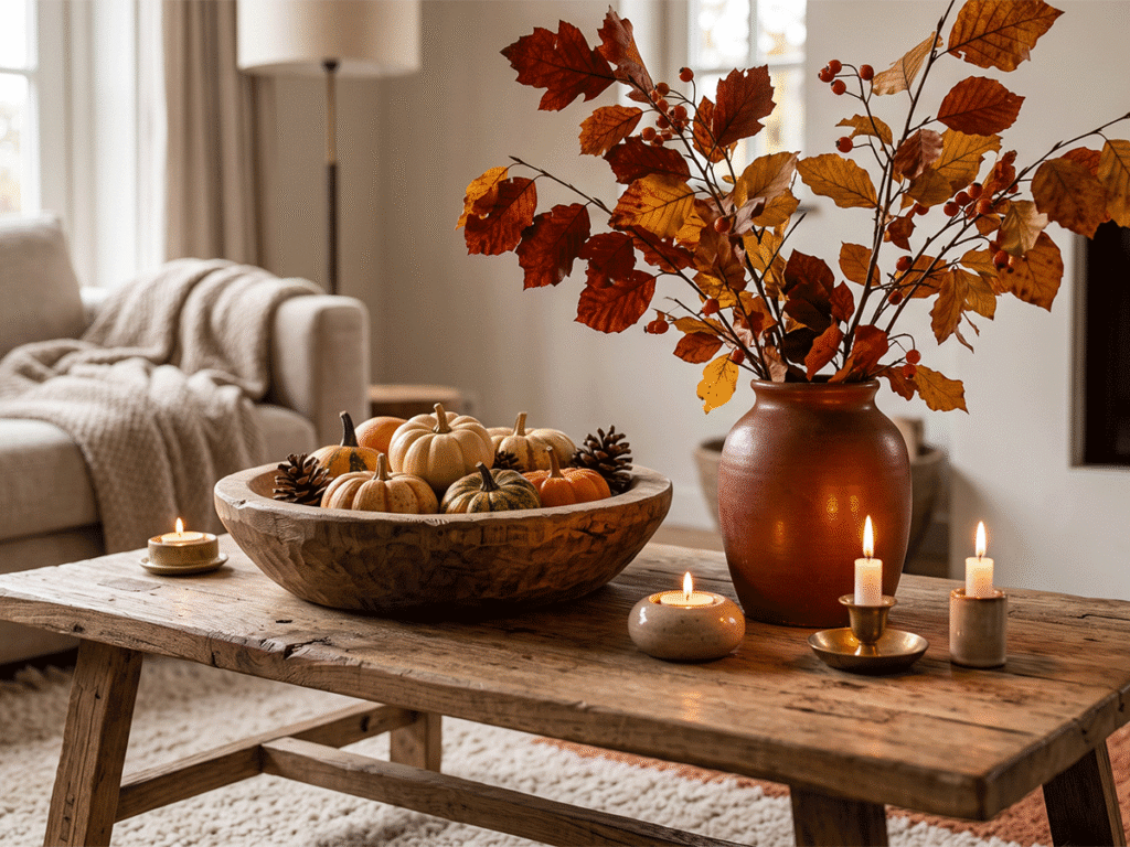 Houten salon-tafel met een schaal vol mini-pompoenen en dennenappels, brandende kaarsen en een stenen vaas met droge herfsttakken.