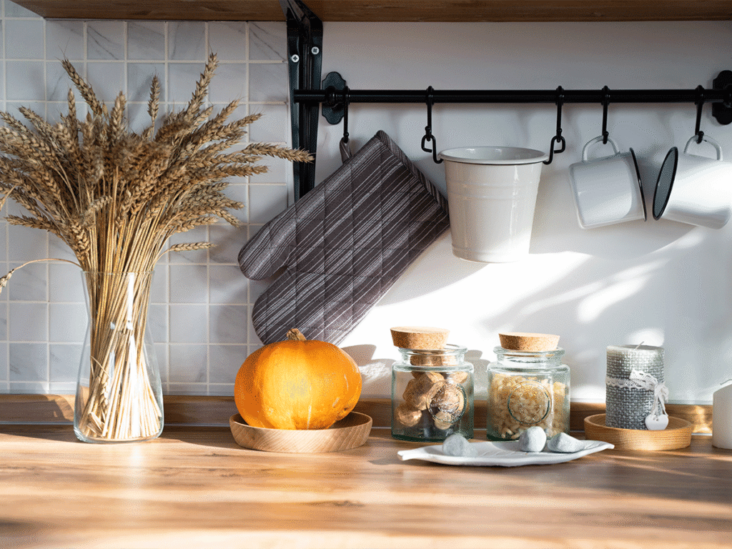 Geef je keuken een warme herfstsfeer met stijlvolle accessoires zoals gedroogd tarwe, glazen voorraadpotten, een pompoen en een praktisch keukenrek.